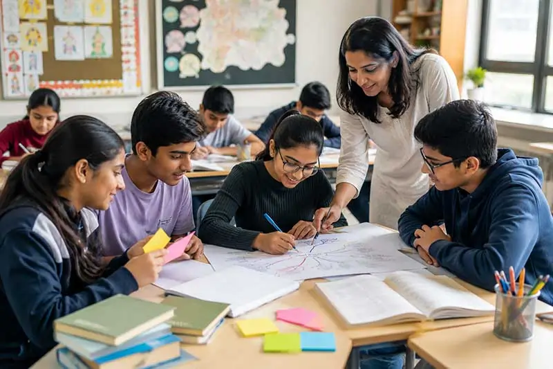 A classroom photo works well here — students using flashcards, building a mind map, and a teacher guiding a small group discussion captures several of these techniques in a single frame.
