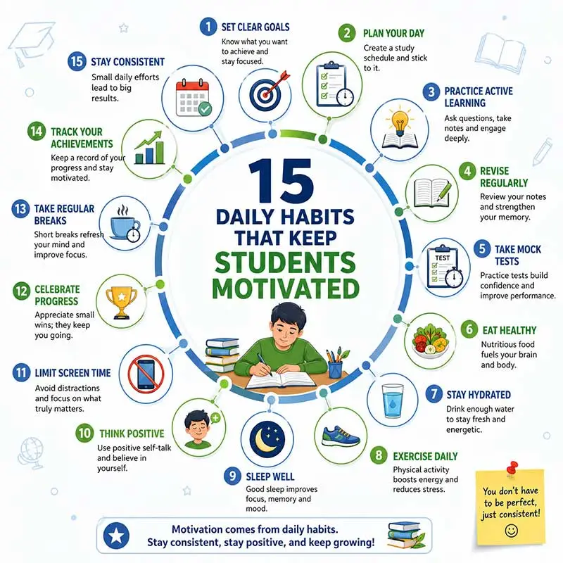 Infographic showing 15 daily habits that keep students motivated, including goal setting, healthy routines, study planning, revision, and consistency