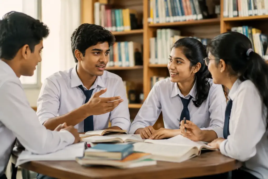 Indian students engaged in a discussion, representing the Arts and Humanities stream”