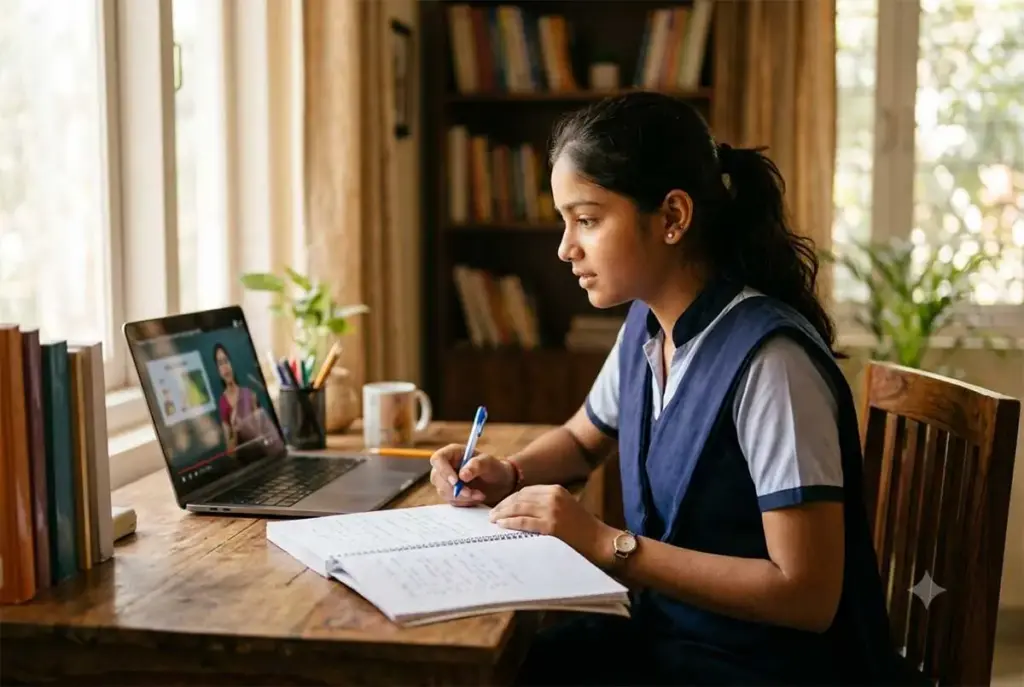 Indian student watching an educational YouTube video on a laptop while taking notes