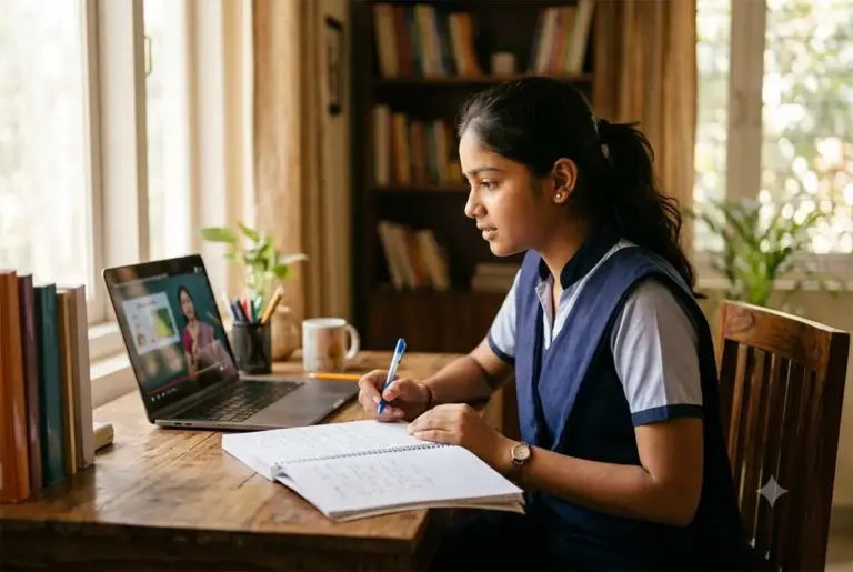 Indian student watching an educational YouTube video on a laptop while taking notes
