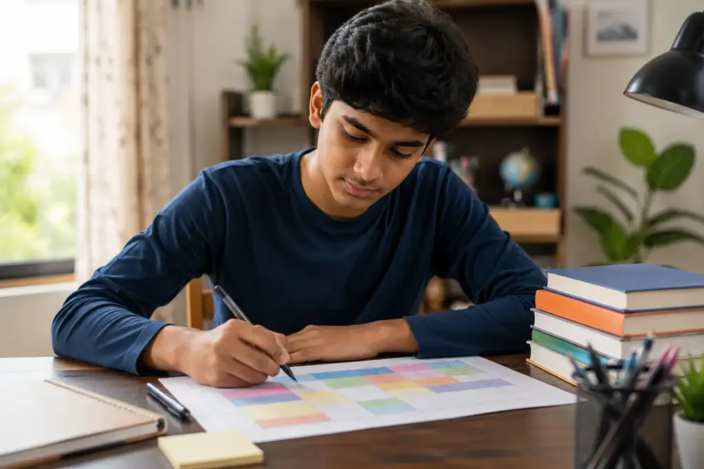 Indian student setting up a new study timetable after choosing a Class 11 stream