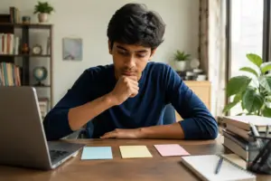 Indian Class 10 student thinking over Commerce, Science, and Arts stream options at a desk