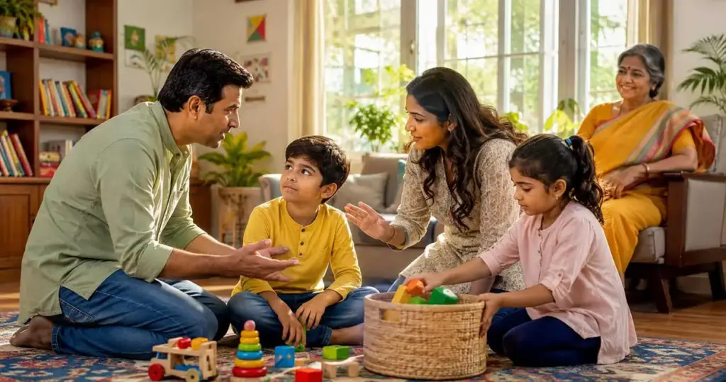 Indian parents calmly helping children resolve a toy-sharing conflict while a smiling grandparent watches in a bright family living room.