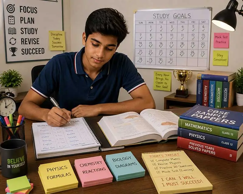 Indian high school student studying at a well-organized desk with a planner, textbooks, flashcards, and a study calendar, demonstrating disciplined exam preparation and confidence