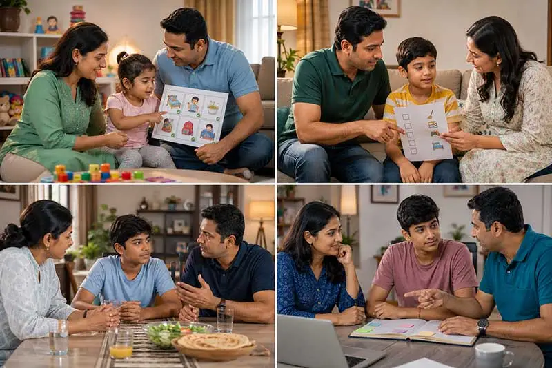 Four-panel illustration of Indian parents using positive discipline techniques with children from preschool through teenage years.