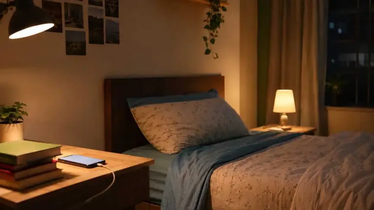 Indian student's bedroom at night with phone charging away from the bed, ready for sleep
