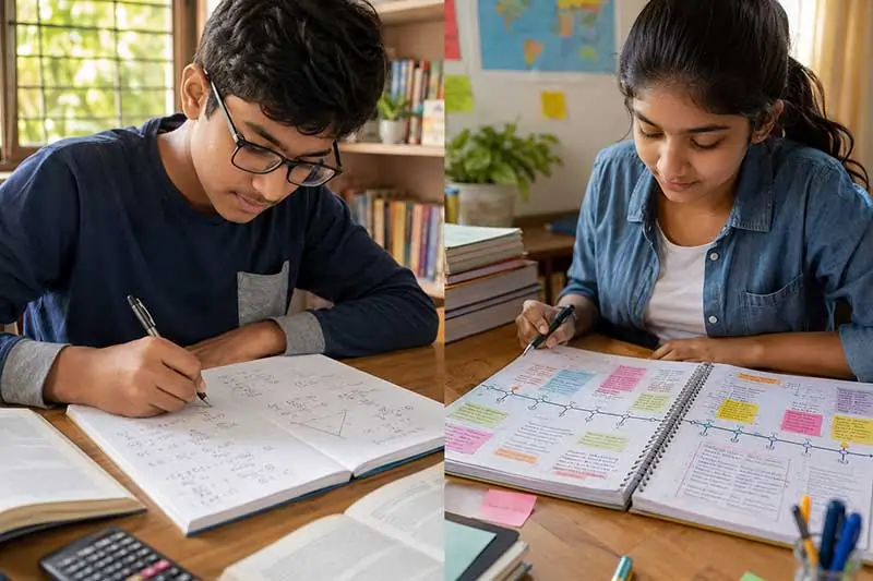 Two students taking subject-specific notes for maths and humanities revision