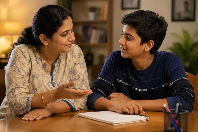 Parent having a warm, supportive conversation with their child at home after a school meeting