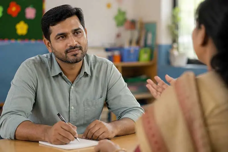 Parent attentively taking notes while listening to a teacher during a school meeting