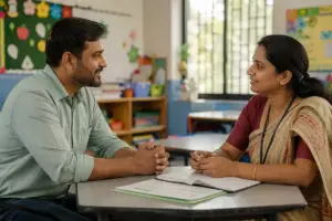 Indian parent and teacher having a warm conversation about a student's progress