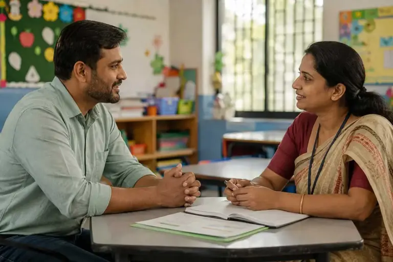 Indian parent and teacher having a warm conversation about a student's progress