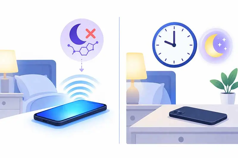 Illustration showing how blue light from phone screens affects melatonin and sleep quality