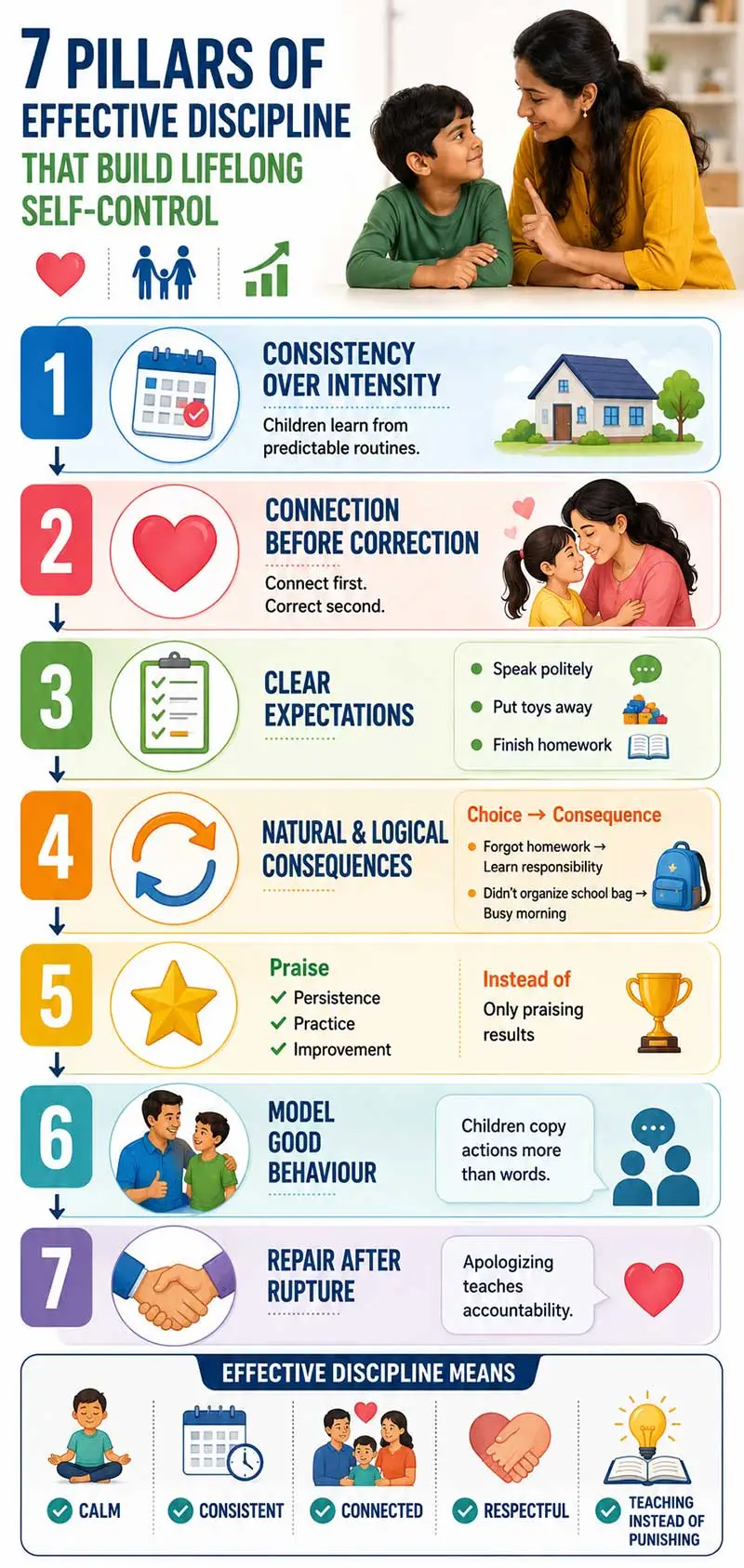 Infographic showing seven pillars of effective discipline for positive parenting, promoting self-control, consistency, connection, and respectful child guidance.