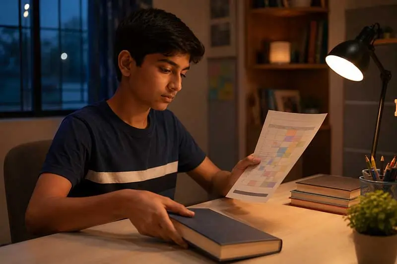 Indian student reviewing an evening study timetable with an earlier bedtime block marked