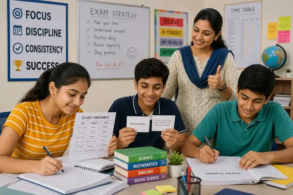 Indian students preparing for exams with study timetables, flashcards, and sample papers while a teacher encourages them in a bright, motivating classroom