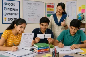Indian students preparing for exams with study timetables, flashcards, and sample papers while a teacher encourages them in a bright, motivating classroom