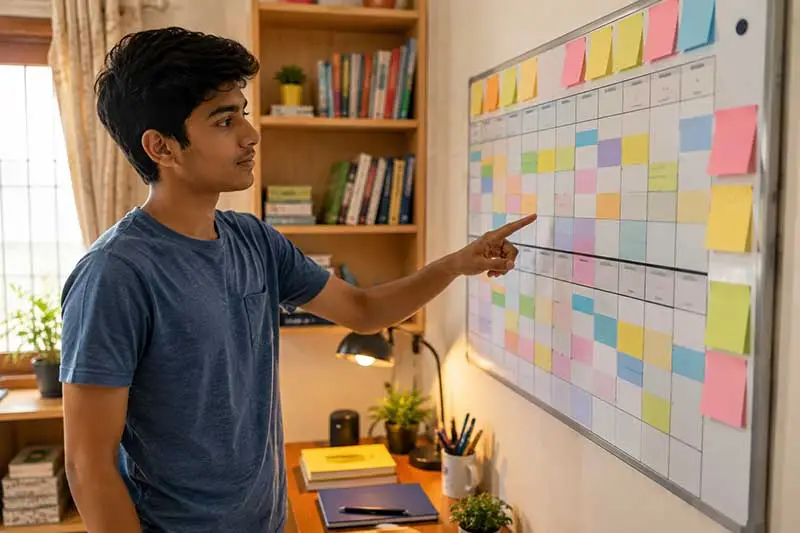 Indian student reviewing a two-week wall calendar with colour-coded subject-wise revision blocks