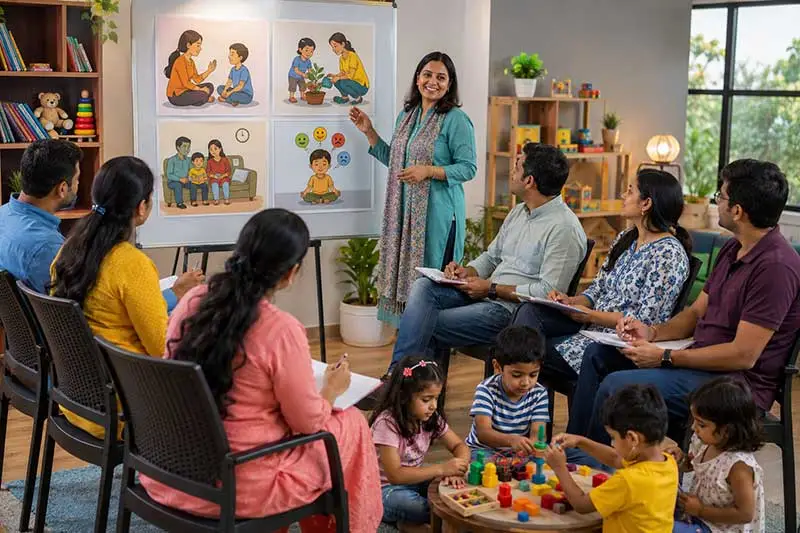 Indian parents attending a positive parenting workshop while children enjoy cooperative learning activities in a bright classroom.