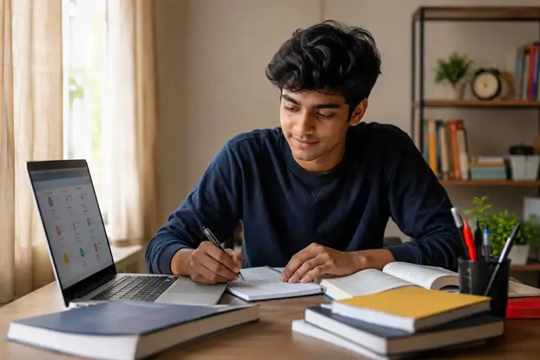 Indian student researching career options after Class 12 at a desk with books and a laptop