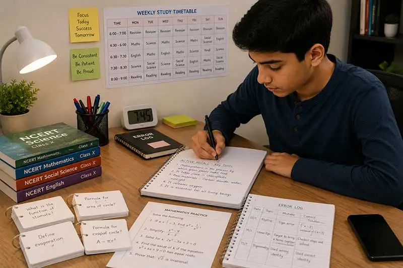 Indian CBSE student using active recall with flashcards, study timetable, Mathematics practice sheet, error log, and phone away.