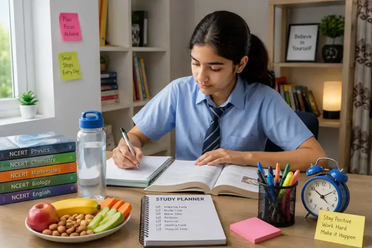 CBSE student studying with NCERT books, healthy snacks, water, and study planner in a calm home environment.