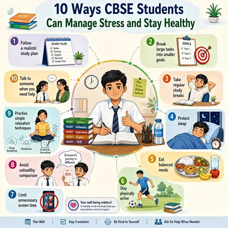10 ways CBSE students can manage stress and stay healthy through study planning, sleep, nutrition, exercise, relaxation, and support.