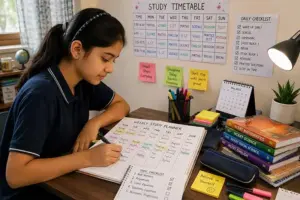 Indian school student using a CBSE study planner with textbooks, timetable, checklist, and stationery at a home study desk.