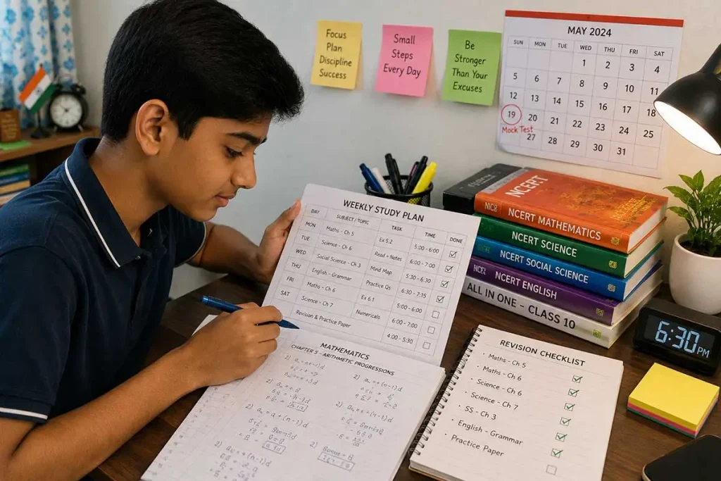 Indian Class 10 student reviewing a weekly study planner with NCERT textbooks, Maths practice, revision checklist, and desk calendar.
