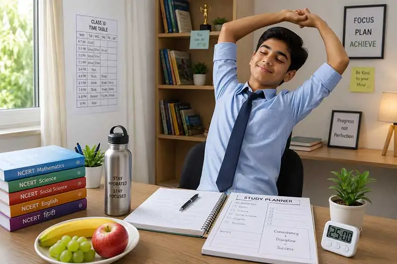 Class 10 student stretching during a study break beside NCERT books, healthy snacks, water, notebook, and study planner.