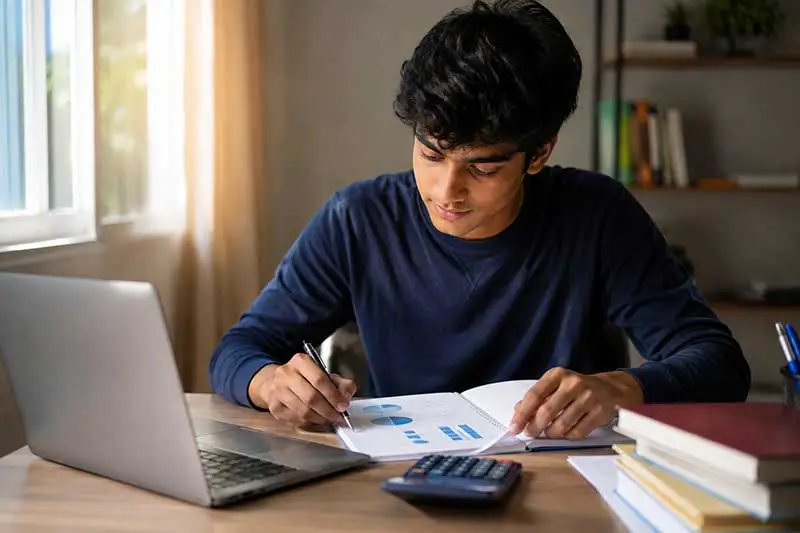 Indian student reviewing business and finance materials for a commerce career path