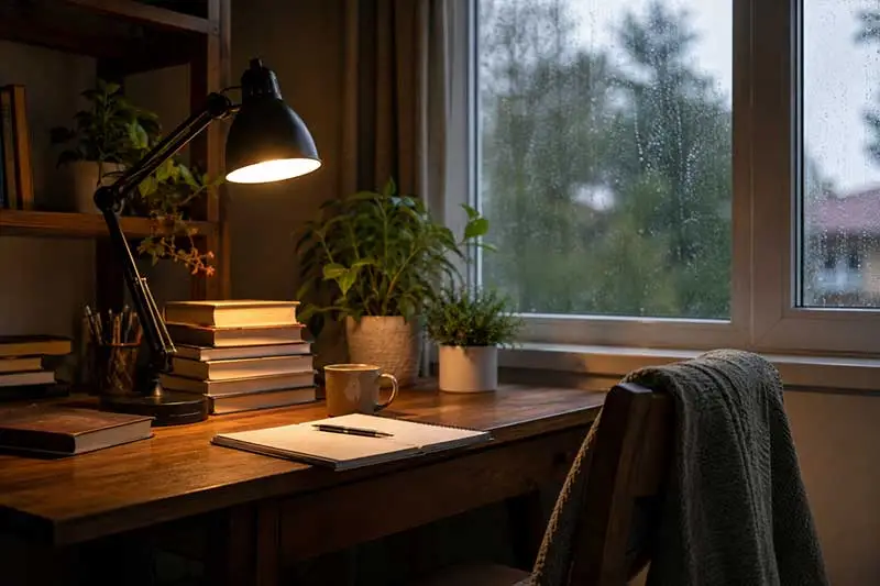 Warmly lit cozy study corner by a window during monsoon rain