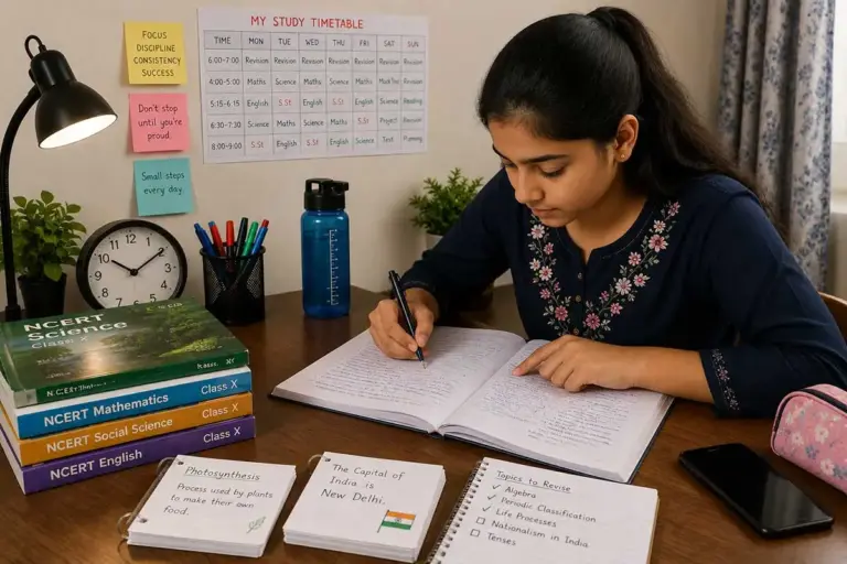 Indian schoolgirl studying with NCERT textbooks, handwritten notes, flashcards, timetable, water bottle, and phone on a desk.
