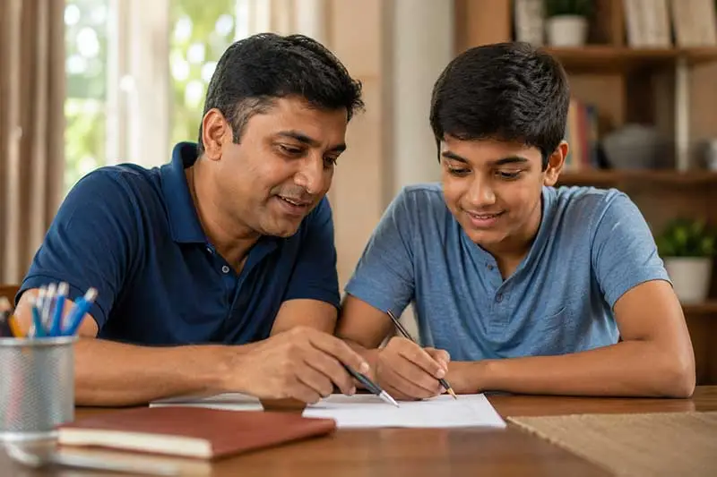 Indian family filling out a screen time agreement together at home