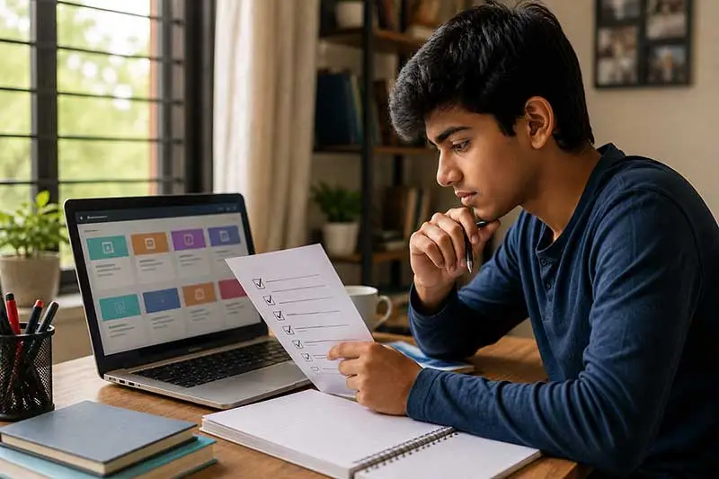Indian student comparing a printed checklist with online courses on a laptop at an organised home study desk.