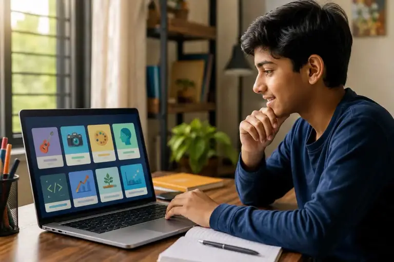 Indian school student exploring online courses on a laptop at home with a notebook and pen