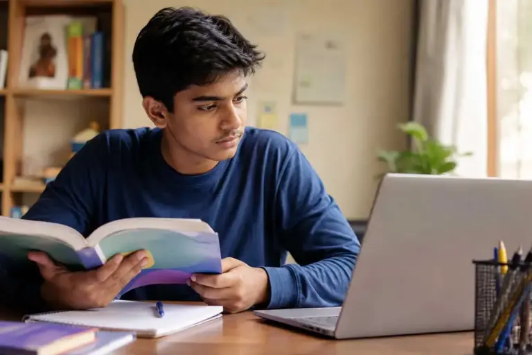 Indian student comparing an NCERT textbook with solutions on a laptop screen