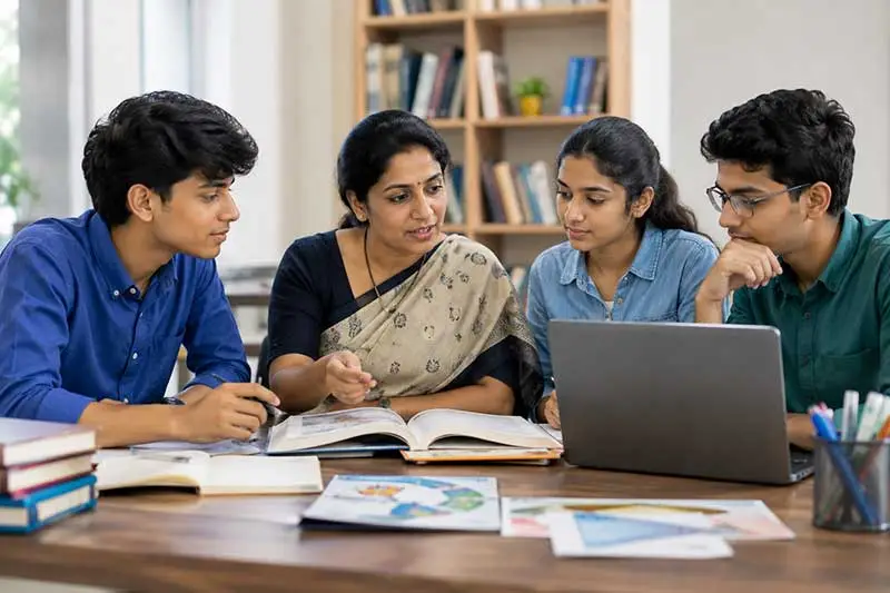 Indian career counsellor guiding Class 12 students exploring professional courses, including finance, medicine, law, technology, and higher education.