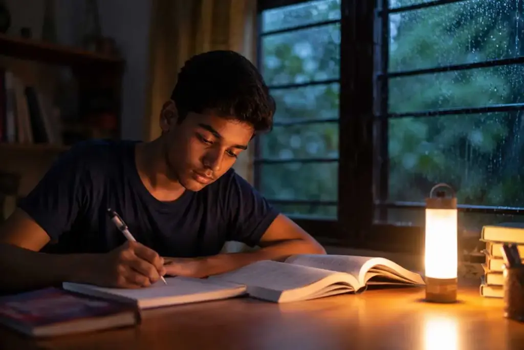 Indian student studying by emergency lamp light during a monsoon power cut