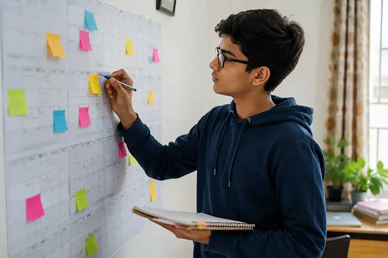 Indian student planning a month-by-month pre-board preparation timeline on a wall calendar