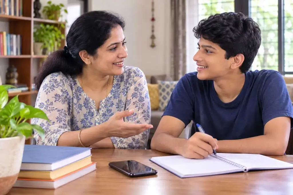 Indian parent and teenager having a calm conversation about screen time at home