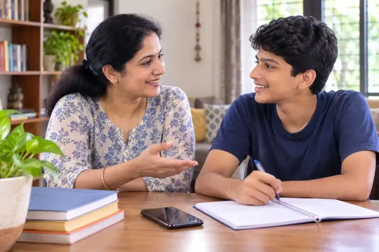 Indian parent and teenager having a calm conversation about screen time at home