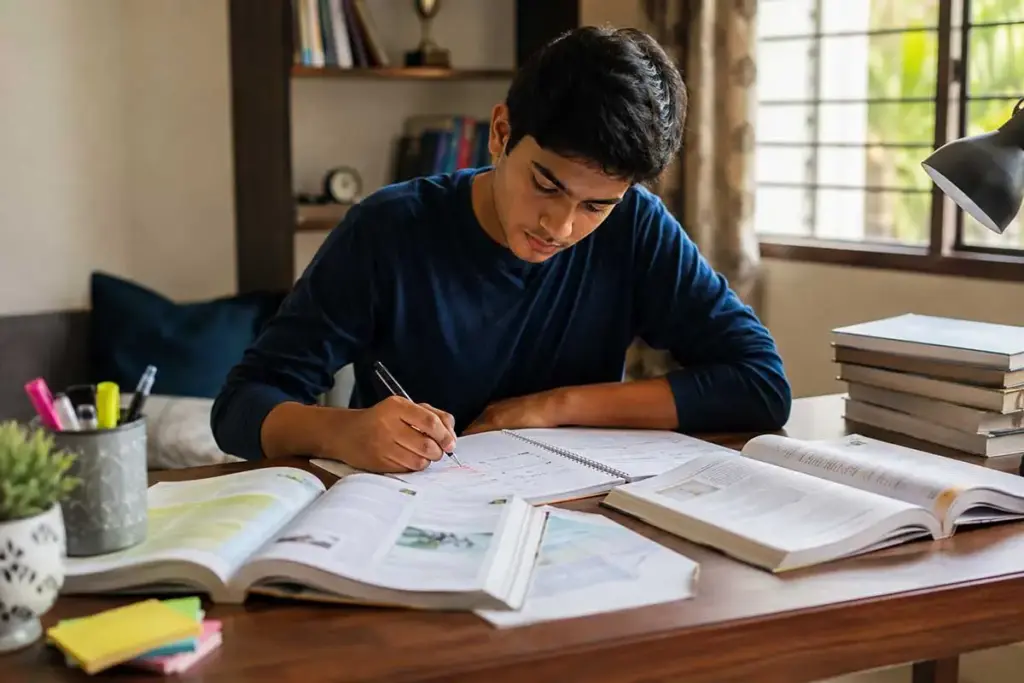 Indian student reviewing subject-wise syllabus progress in a notebook