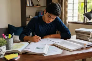 Indian student reviewing subject-wise syllabus progress in a notebook