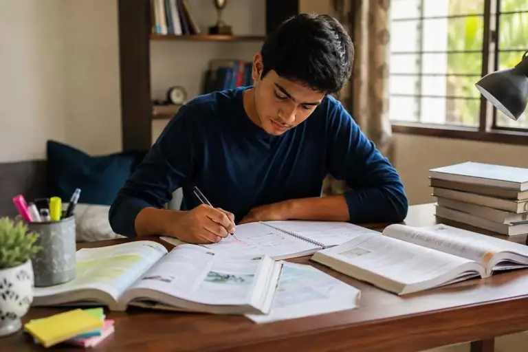 Indian student reviewing subject-wise syllabus progress in a notebook
