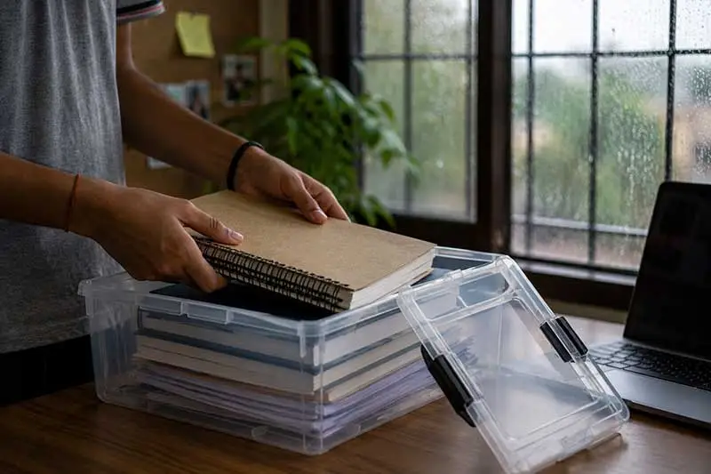 Indian student storing notebooks and a laptop in a protective folder during monsoon season