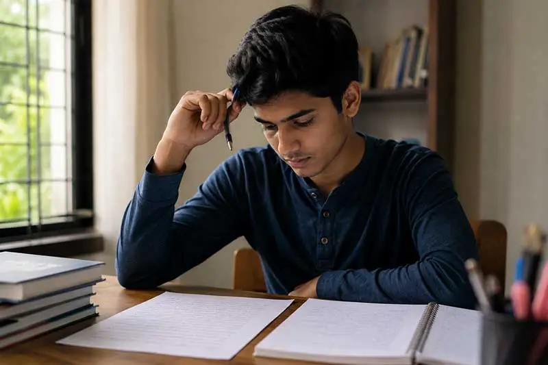 Indian student reviewing a completed mock test paper and noting weak areas