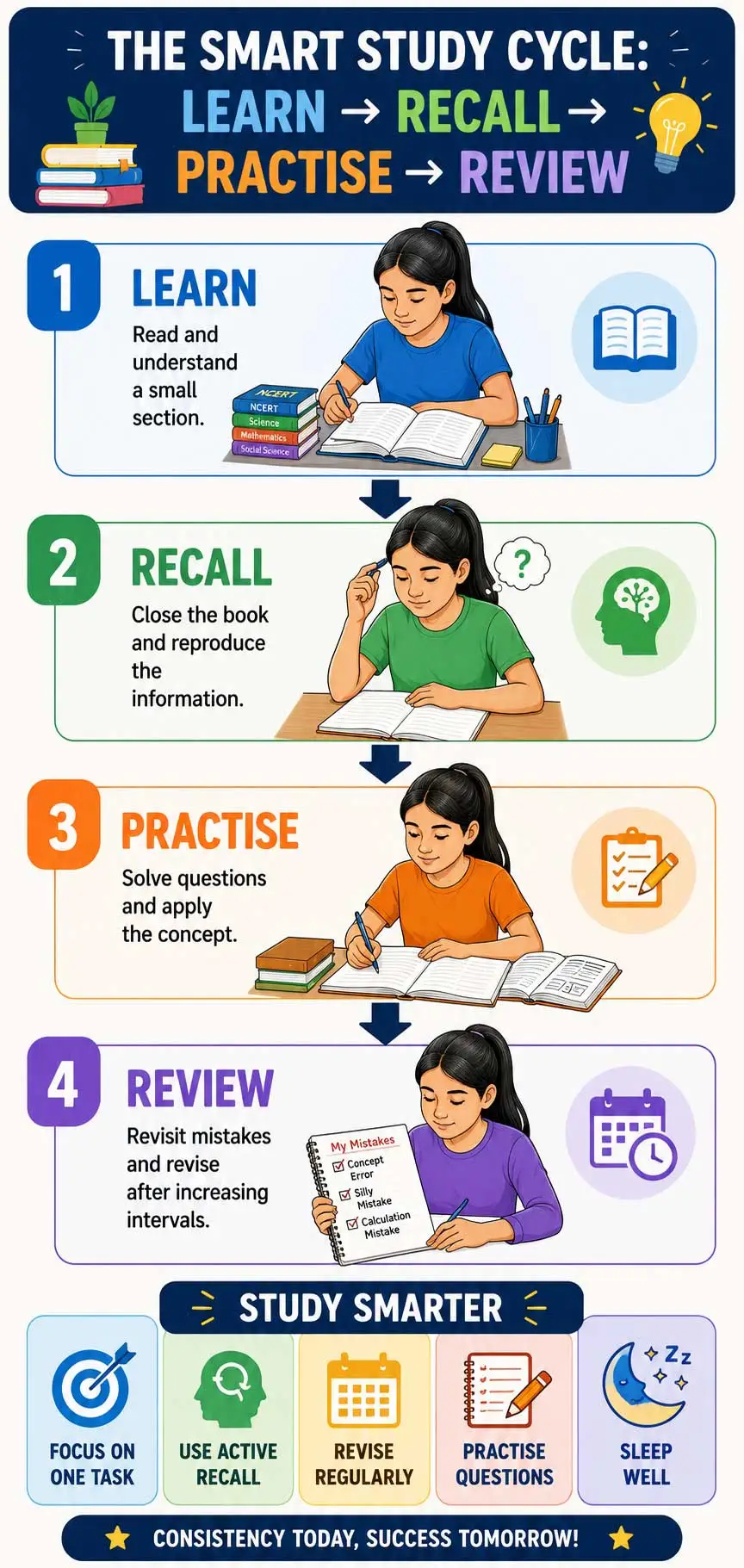 Smart study cycle infographic showing learn, recall, practise, review, active recall, regular revision, practice questions, focus, and sleep.