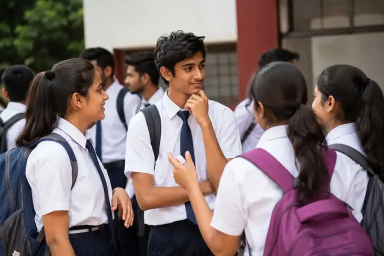 Group of Indian students talking outside an exam hall