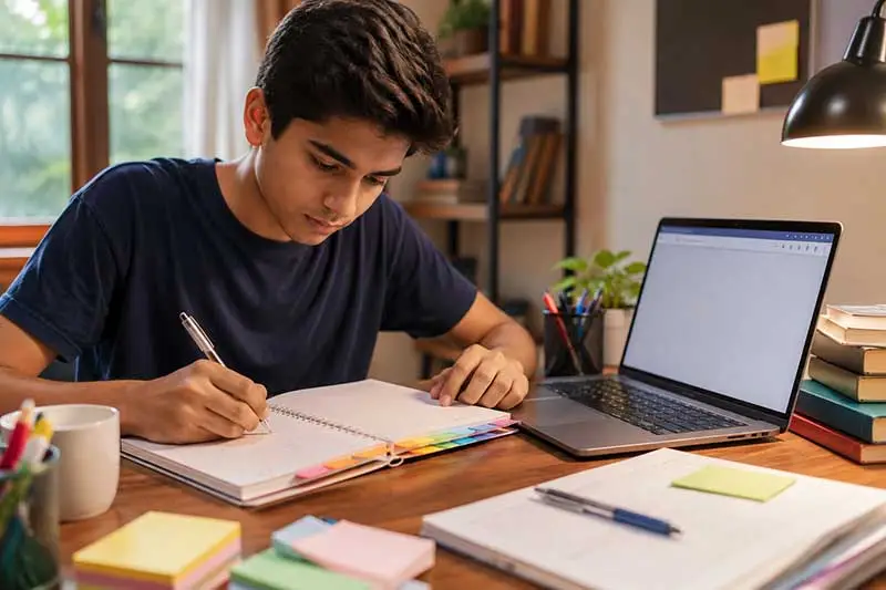 Indian student organising a subject-wise list of trusted study resources in a notebook